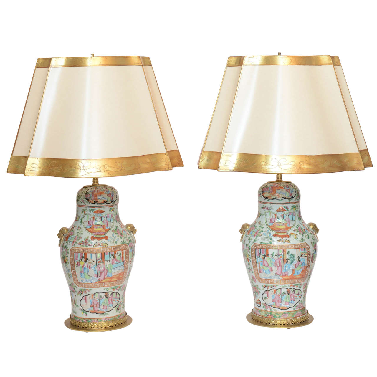 Pair of Chinese Rose Medallion Covered Jar Lamps For Sale