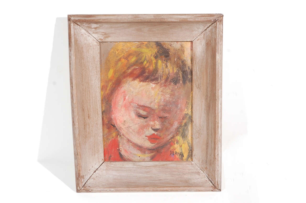 Small oil on canvas portrait of a child. Signed Dearch. Surrounded by thick wooden frame.