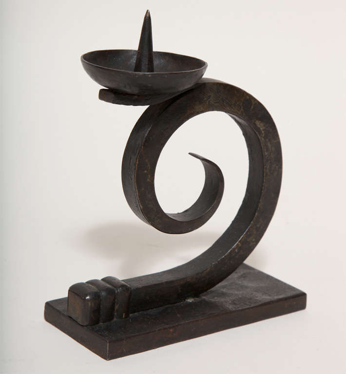 Forged iron spiral body supporting a pricket candlestick mounted on a rectangular base by Michael Zadounaisky (1903-1983).
Signed:  ZADOUNAISKY

(Price shown is reduced price, no further trade discount)