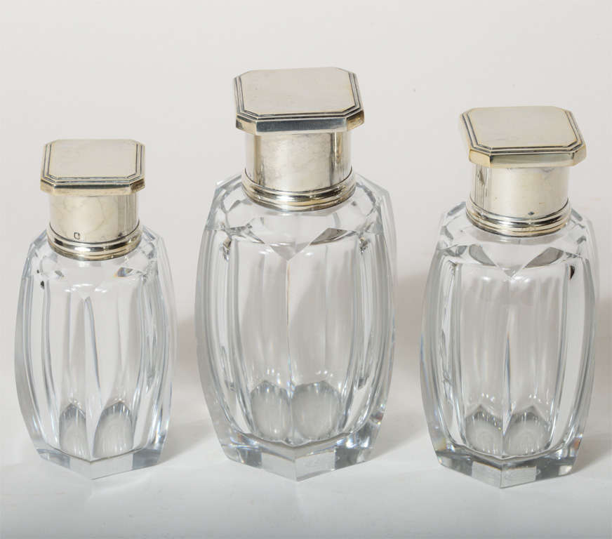 Art Deco Set of 3 Crystal & Silver Flacons by Baccarat & Tetard Freres