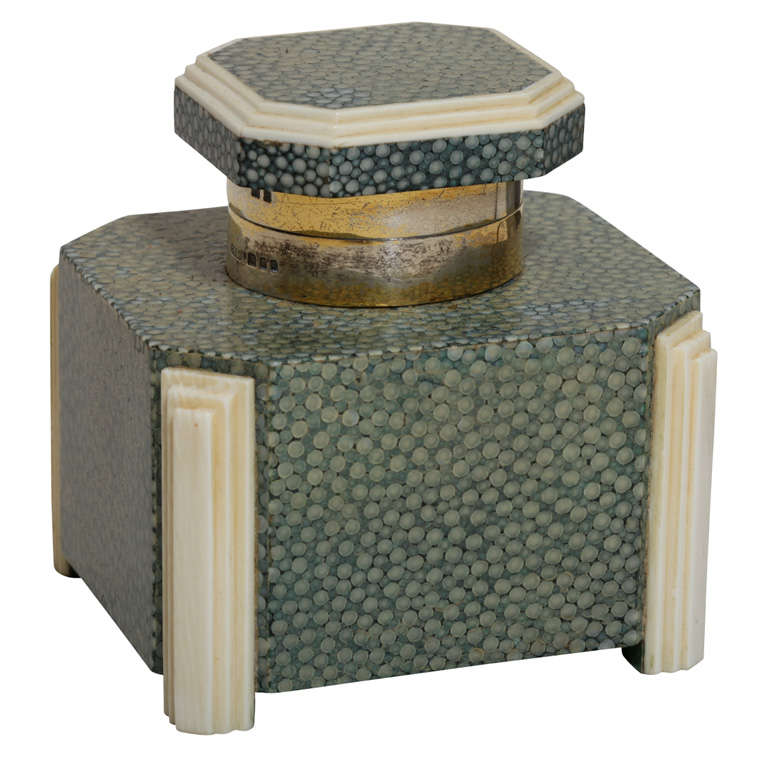 English Art Deco Shagreen & Bone Silver-mounted Inkwell by G. B. & S For Sale