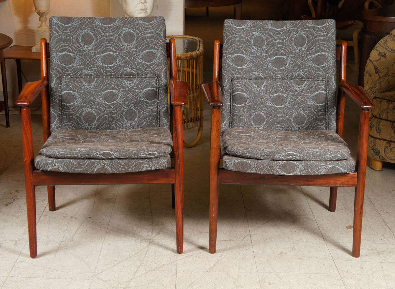 Pair of armchairs in figured rosewood by Danish designer Arne Vodder,
newly covered in 1960s style fabric, Mid-Century Danish modern.