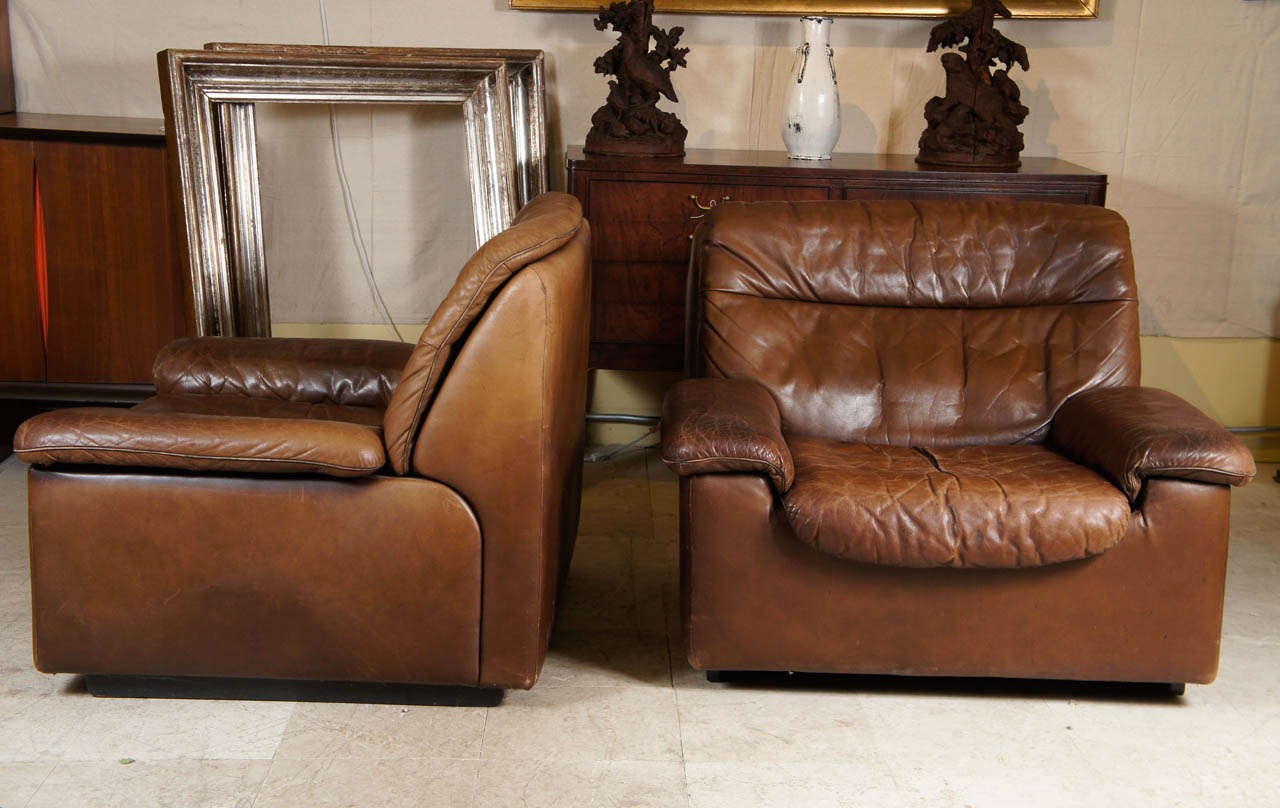 Mid-Century Modern Pair of 1970s Leather Club Chairs by De Sede of Switzerland