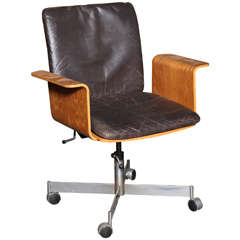 Vintage Teak Desk Office Chair with Leather Upholstery by Kevi