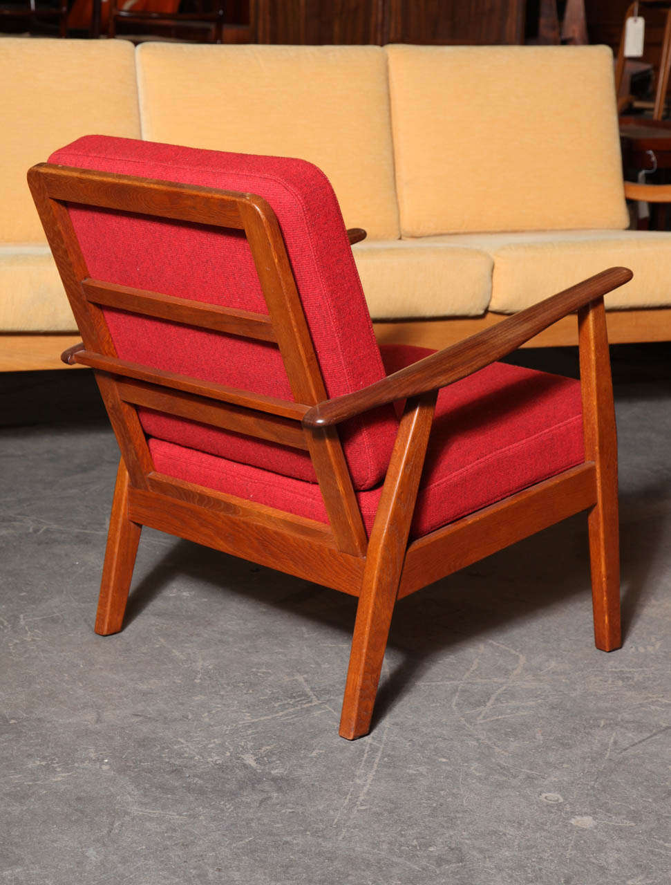 Pair of Teak and Red Danish Modern Lounge Chairs 1