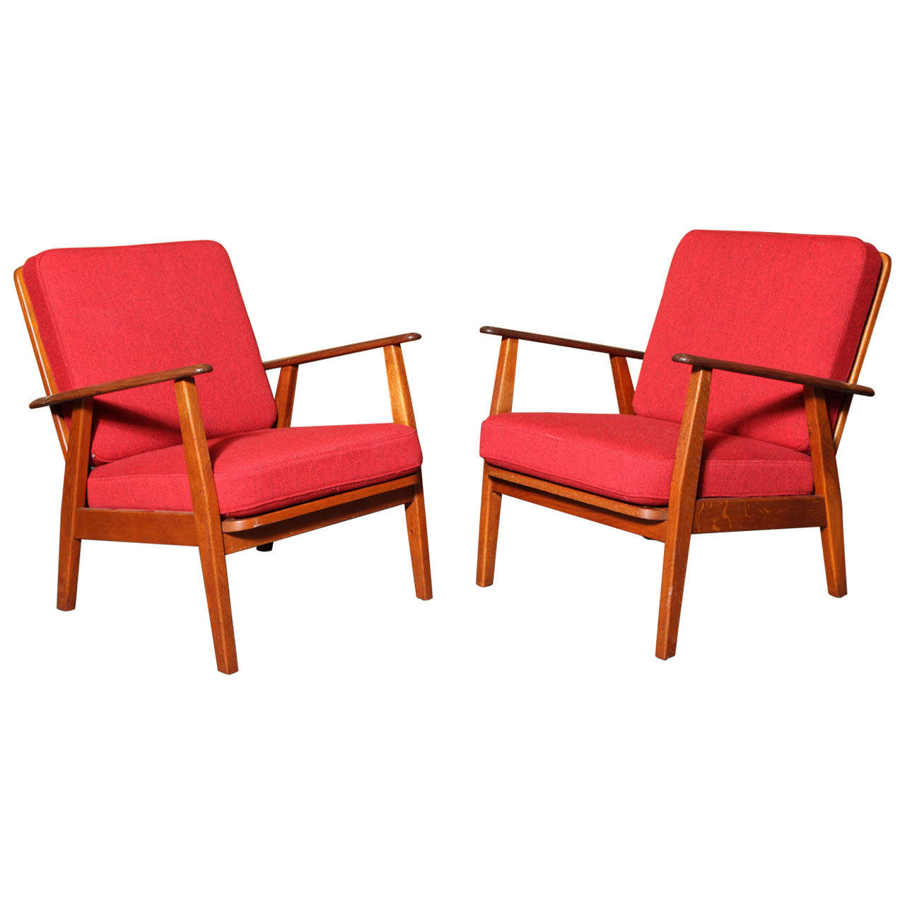 Pair of Teak and Red Danish Modern Lounge Chairs