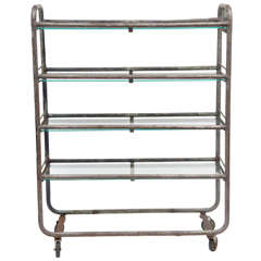 Metal Industrial Cart with Glass Shelves & Wheels, Ca. 1940's