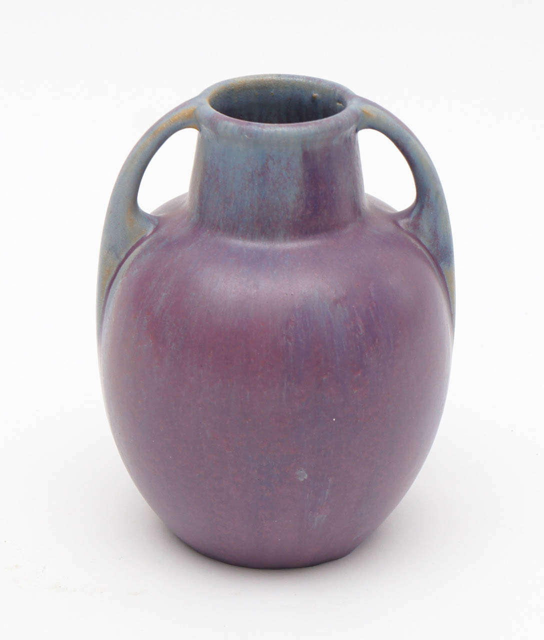 Fabulous color on this early 20thC. vase by Fulper. Color has subtle transition from blue grey to rich lavender. Form is classic Fulper! Fulper mark faint but discernable on base.