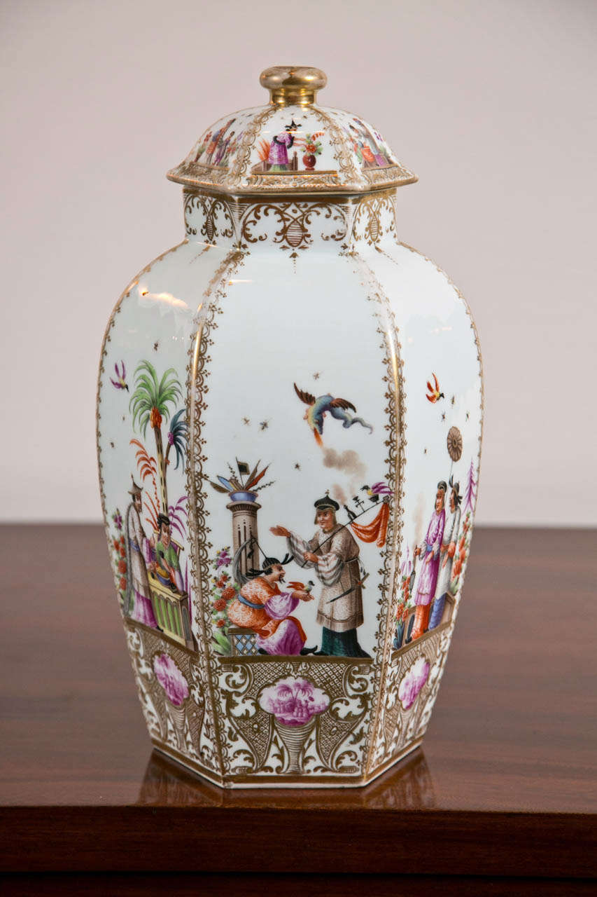 A Samson ( French ) porcelain covered urn, gilt with painted chinoiserie decoration in imitation of early Meissen.