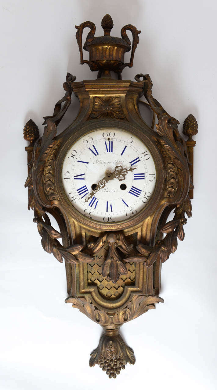 French Bronze Cartel Wall Clock with original unrestored finish;  clock has been electrified