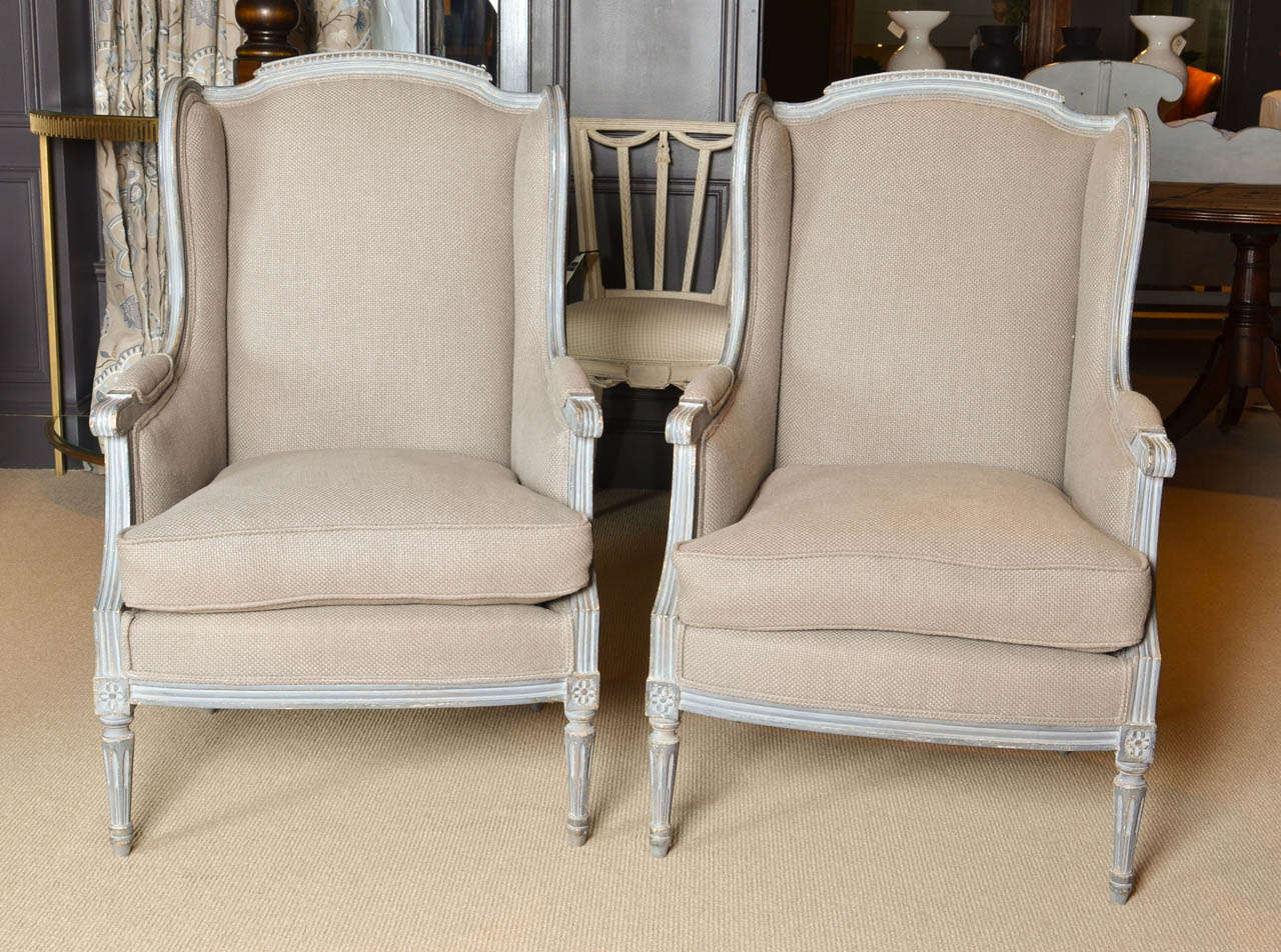 Louis XVI style chair.  Painted gray frame upholstered in linen.