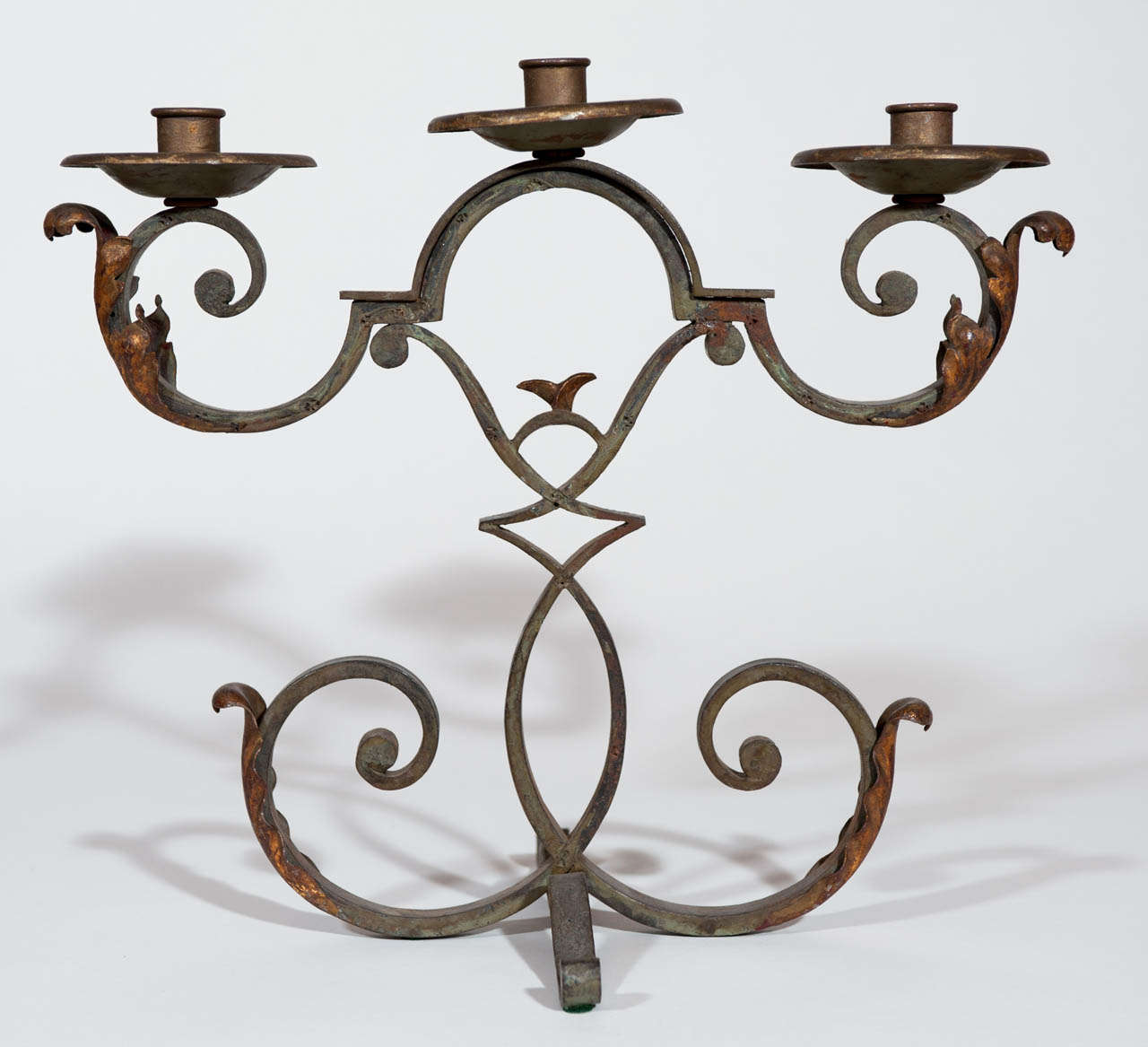 20th century pair of candelabra circa 1940 France wrought iron original patina
styling of Jules Leleu.