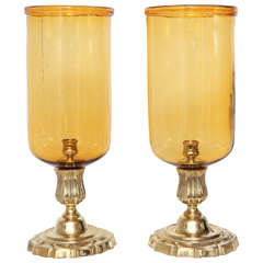 Pair of 21st Century Glass Amber Globes on Brass Stands