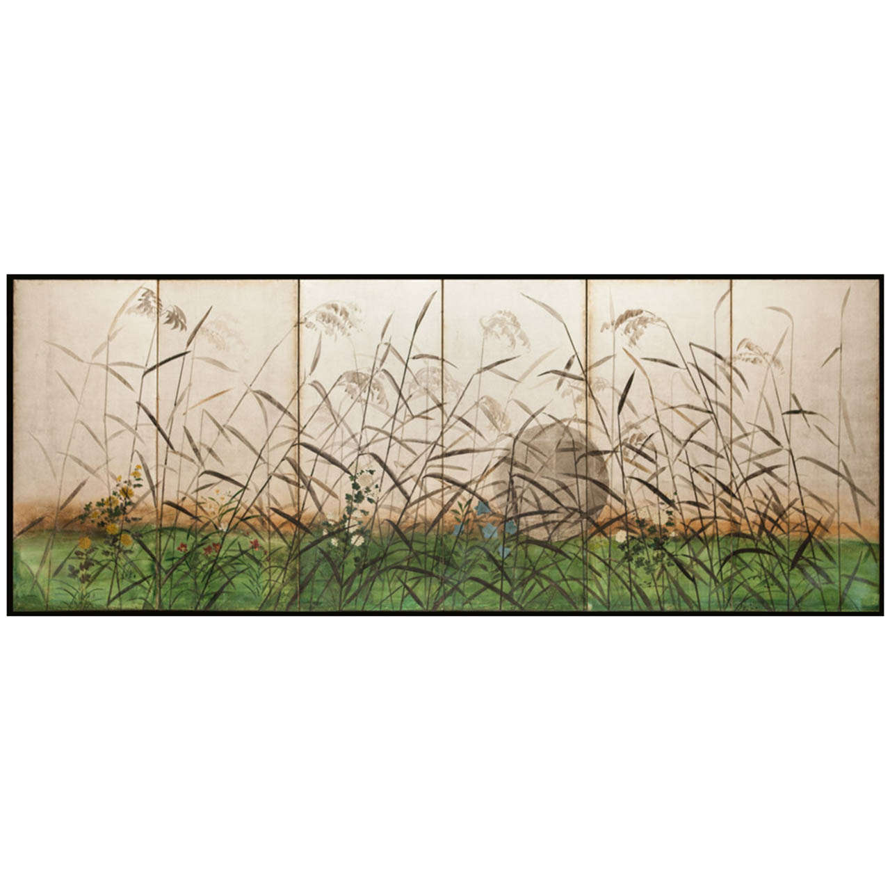 Japanese Six Panel Screen: Moon Rising Over the Plains of Musashino For Sale