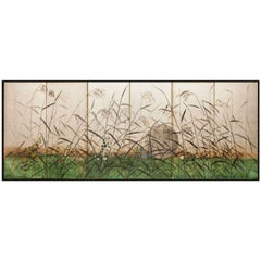 Antique Japanese Six Panel Screen: Moon Rising Over the Plains of Musashino
