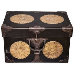 Japanese Black Lacquer Fabric Storage Box with Gold Chrysanthemum Crests