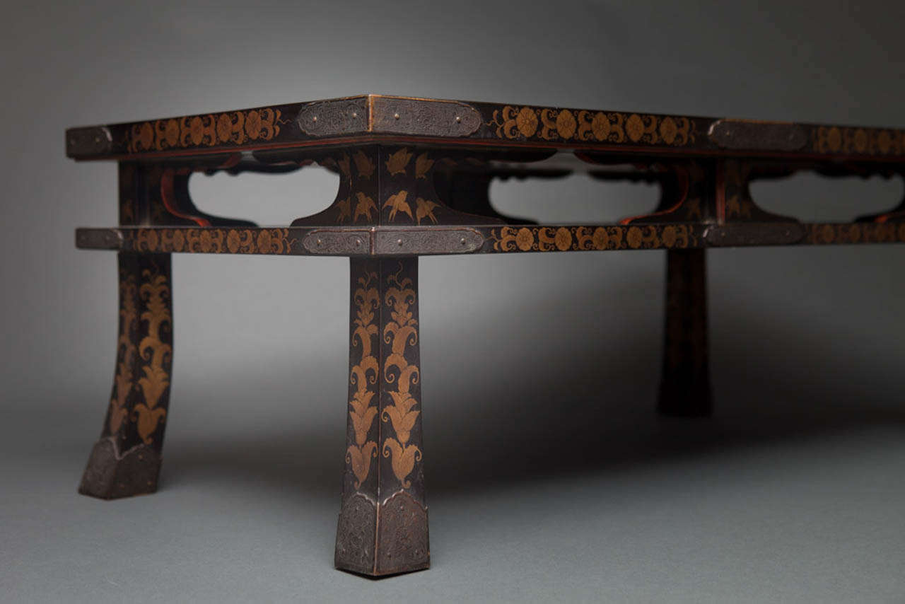 Japanese Black Lacquer Buddhist Offering Table with Gold Design of Birds and Insects on Border with Bronze Mounts