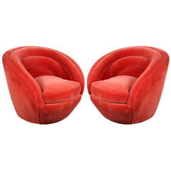 Quillian Classic Collection Pair of Red Mohair Regency Swivel Chairs