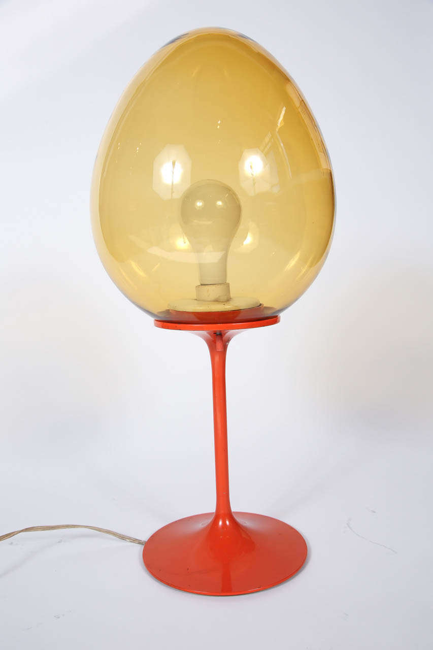 'California Orange' powder-coated steel tabletop stemlite  with original mustard colored, egg shaped glass shade.  Designed by Bill Curry for Design Line in the USA, 1965.