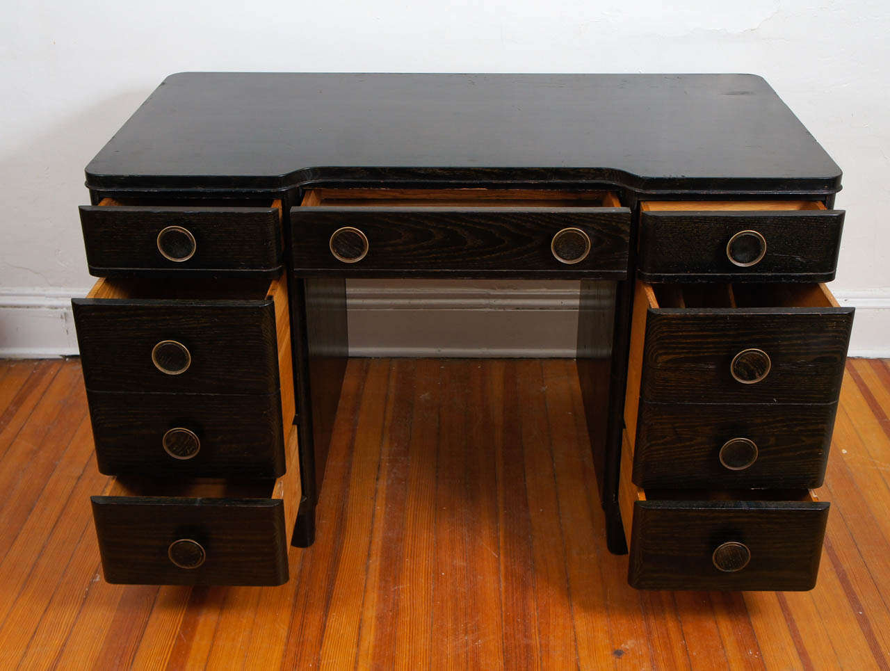Art Deco Mid Century Modern/Deco Cerused Wood Desk with Brass Pulls For Sale