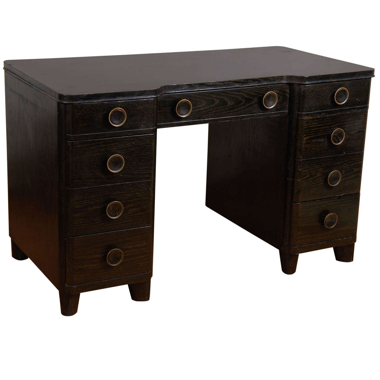 Mid Century Modern/Deco Cerused Wood Desk with Brass Pulls For Sale at