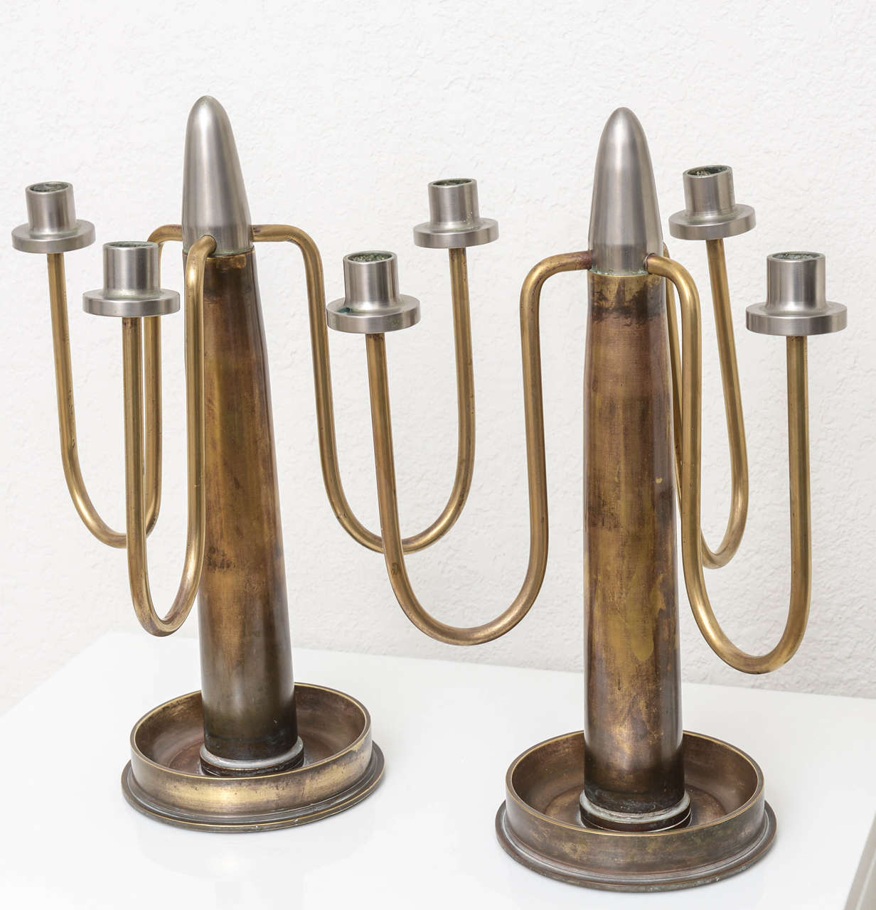 Hand-Crafted Midcentury, WWII Pair of Trench-Art, Shell Casing Three-Arm Candlesticks