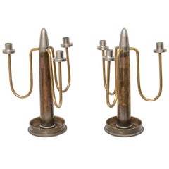 Midcentury, WWII Pair of Trench-Art, Shell Casing Three-Arm Candlesticks