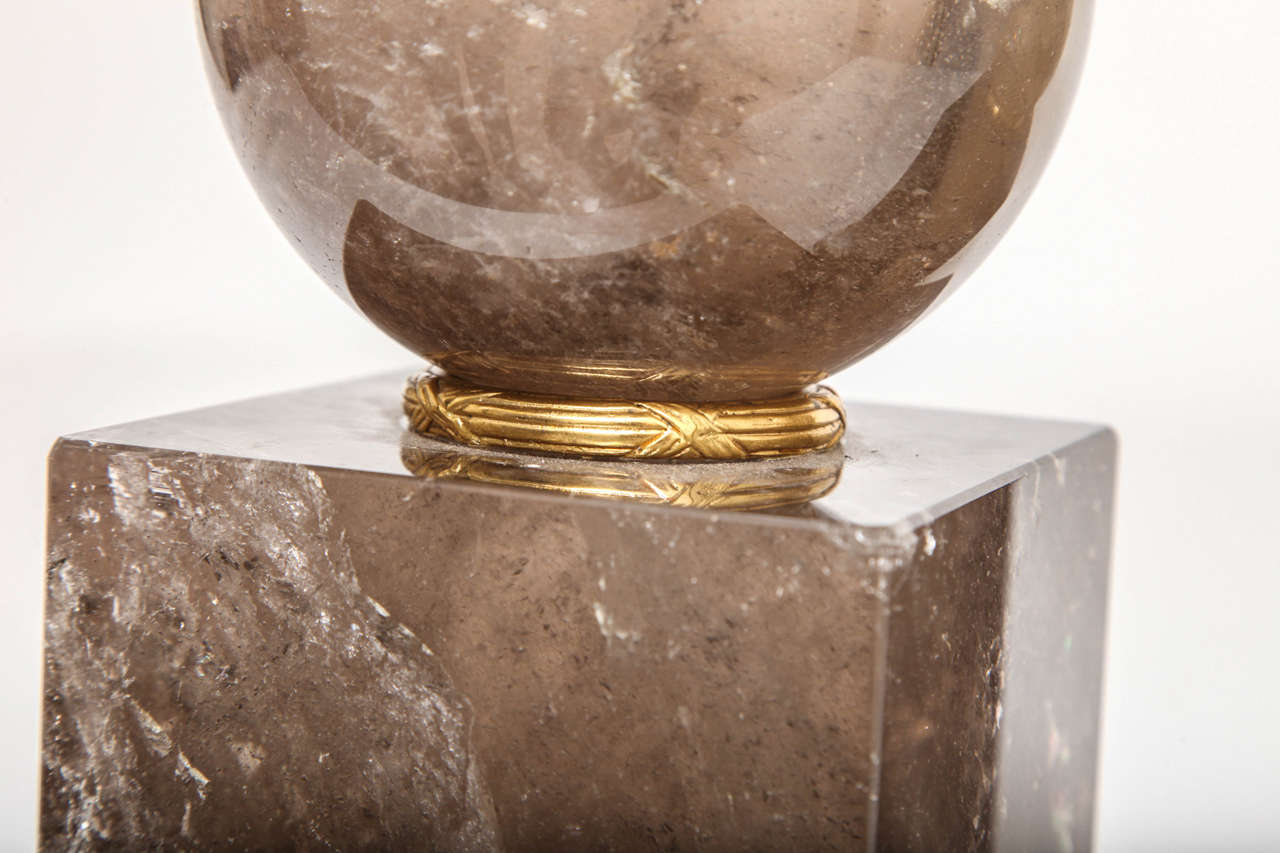 Pair of French Smokey Rock Crystal Orbs or Spheres on Plinths with Gilt Bronze In Excellent Condition For Sale In New York, NY