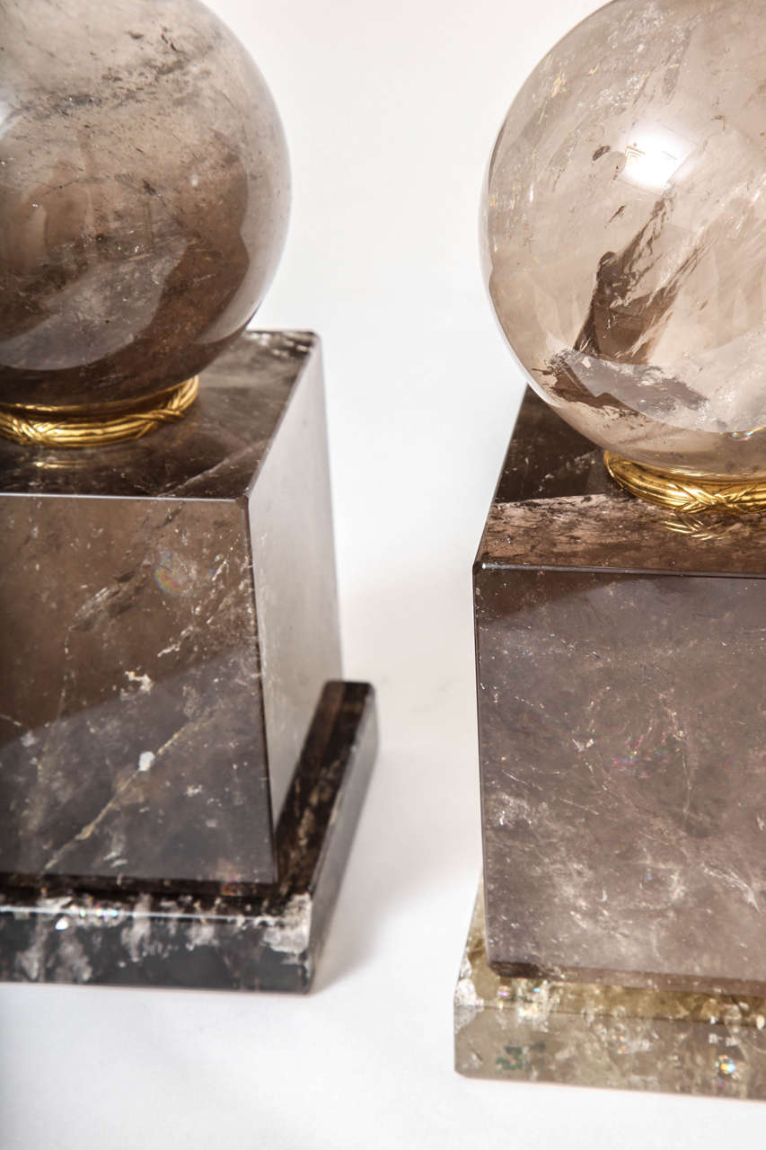Pair of French Smokey Rock Crystal Orbs or Spheres on Plinths with Gilt Bronze For Sale 1