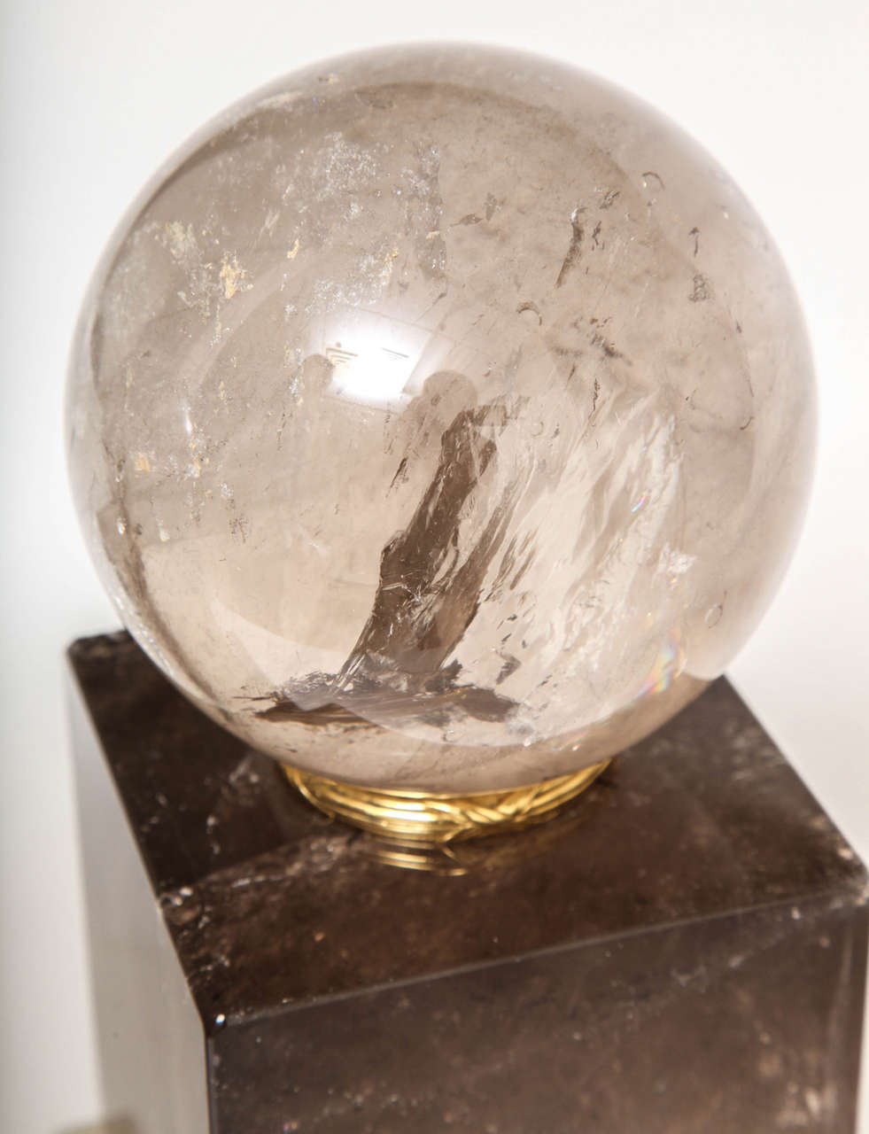 Pair of French Smokey Rock Crystal Orbs or Spheres on Plinths with Gilt Bronze For Sale 2