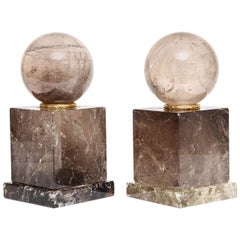 Pair of French Smokey Rock Crystal Orbs or Spheres on Plinths with Gilt Bronze