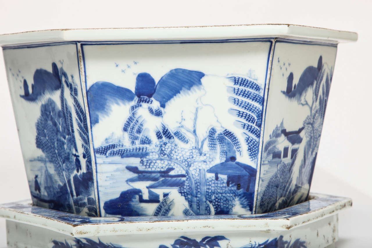 Pair of Chinese Blue and White Porcelain Jardinieres on Stands, 19th Century In Good Condition In New York, NY