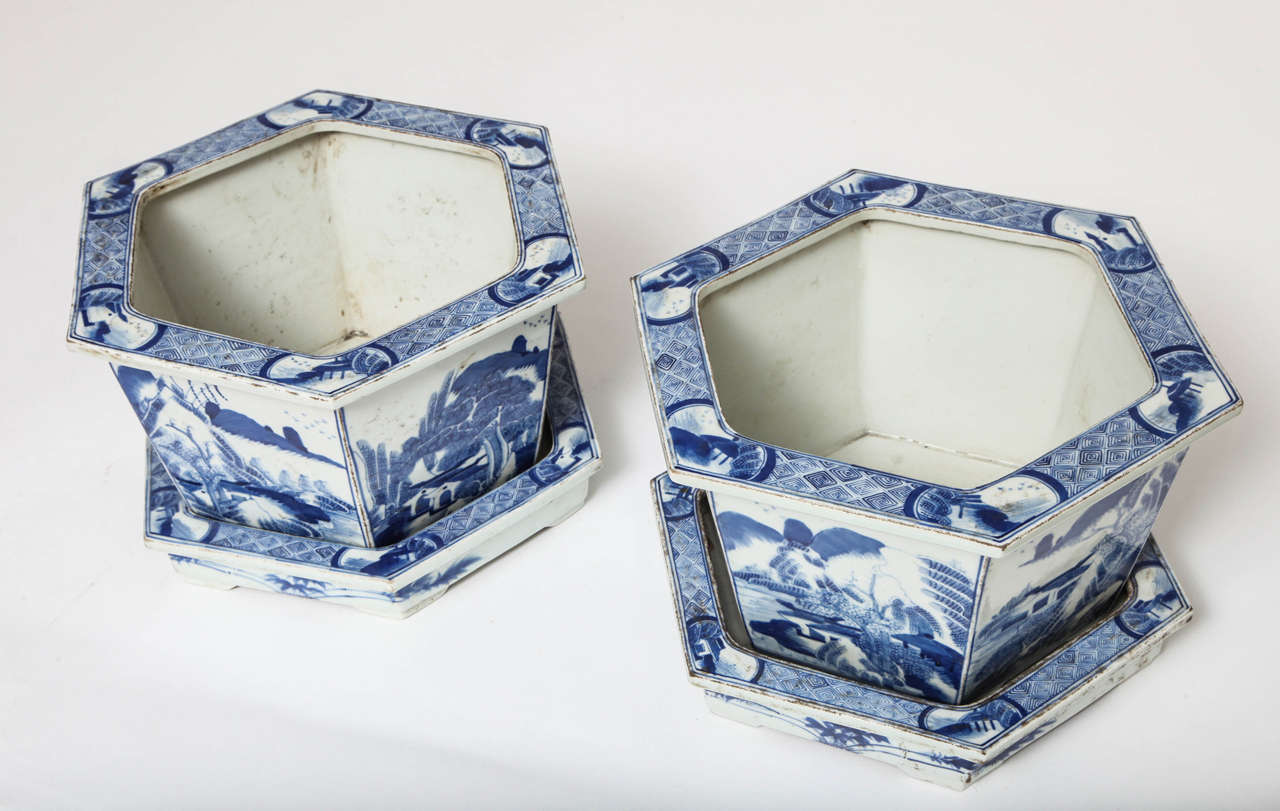Pair of Chinese Blue and White Porcelain Jardinieres on Stands, 19th Century 1