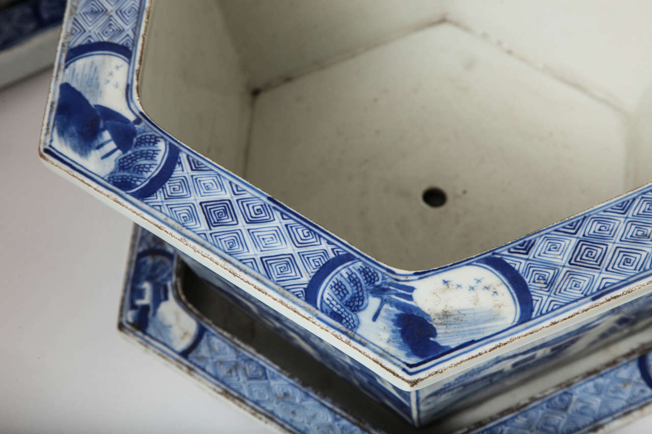 Pair of Chinese Blue and White Porcelain Jardinieres on Stands, 19th Century 2