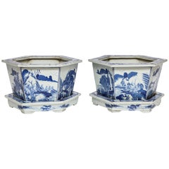 Pair of Chinese Blue and White Porcelain Jardinieres on Stands, 19th Century