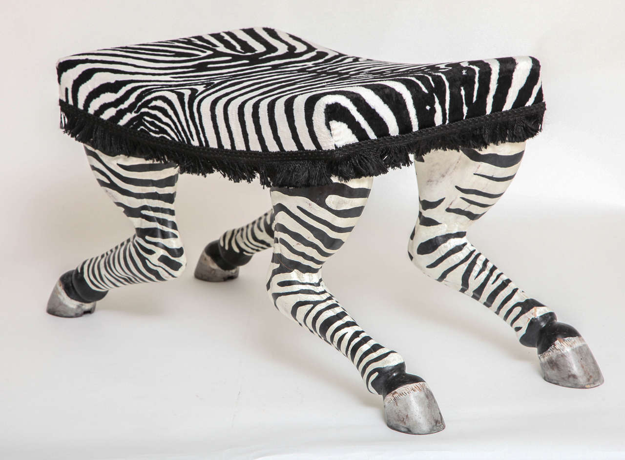 Pair of French Art Deco carved and painted wood zebra stools, possibly by Jansen, 20th century. Only photographed one.