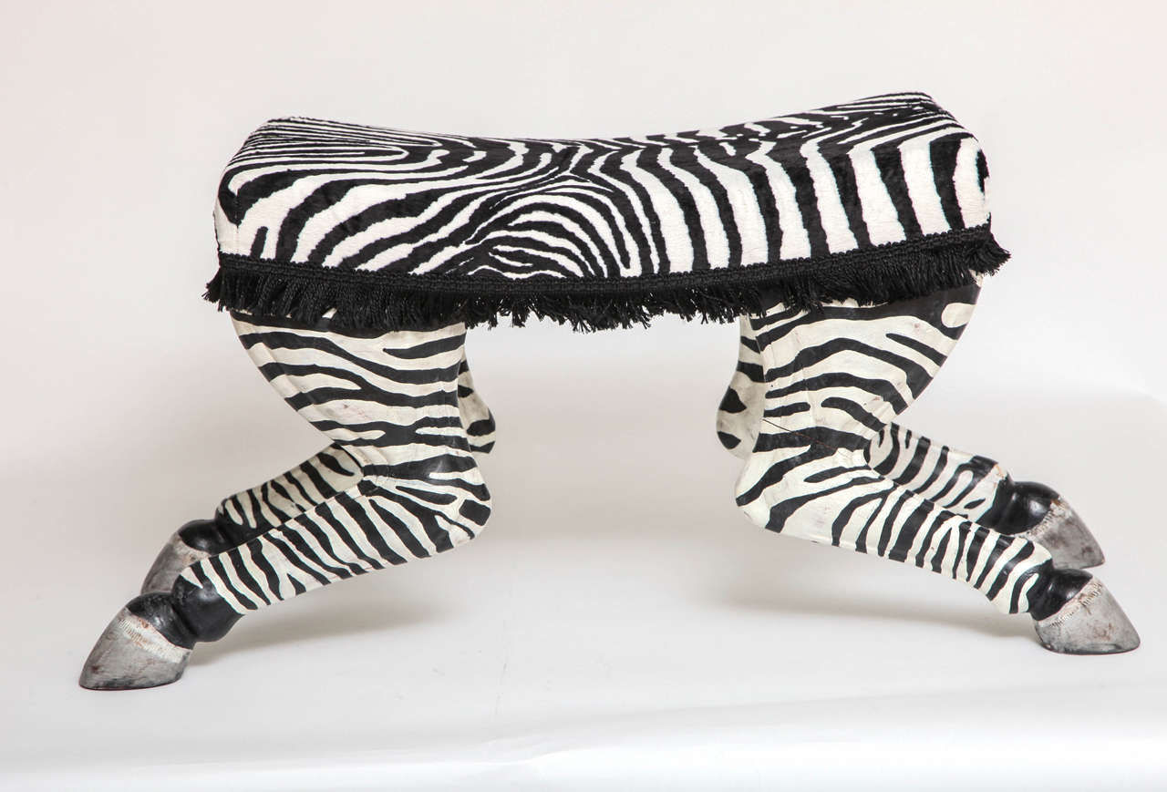 Pair of French Art Deco Carved and Painted Wood Zebra Stools, Possibly by Jansen In Excellent Condition In New York, NY