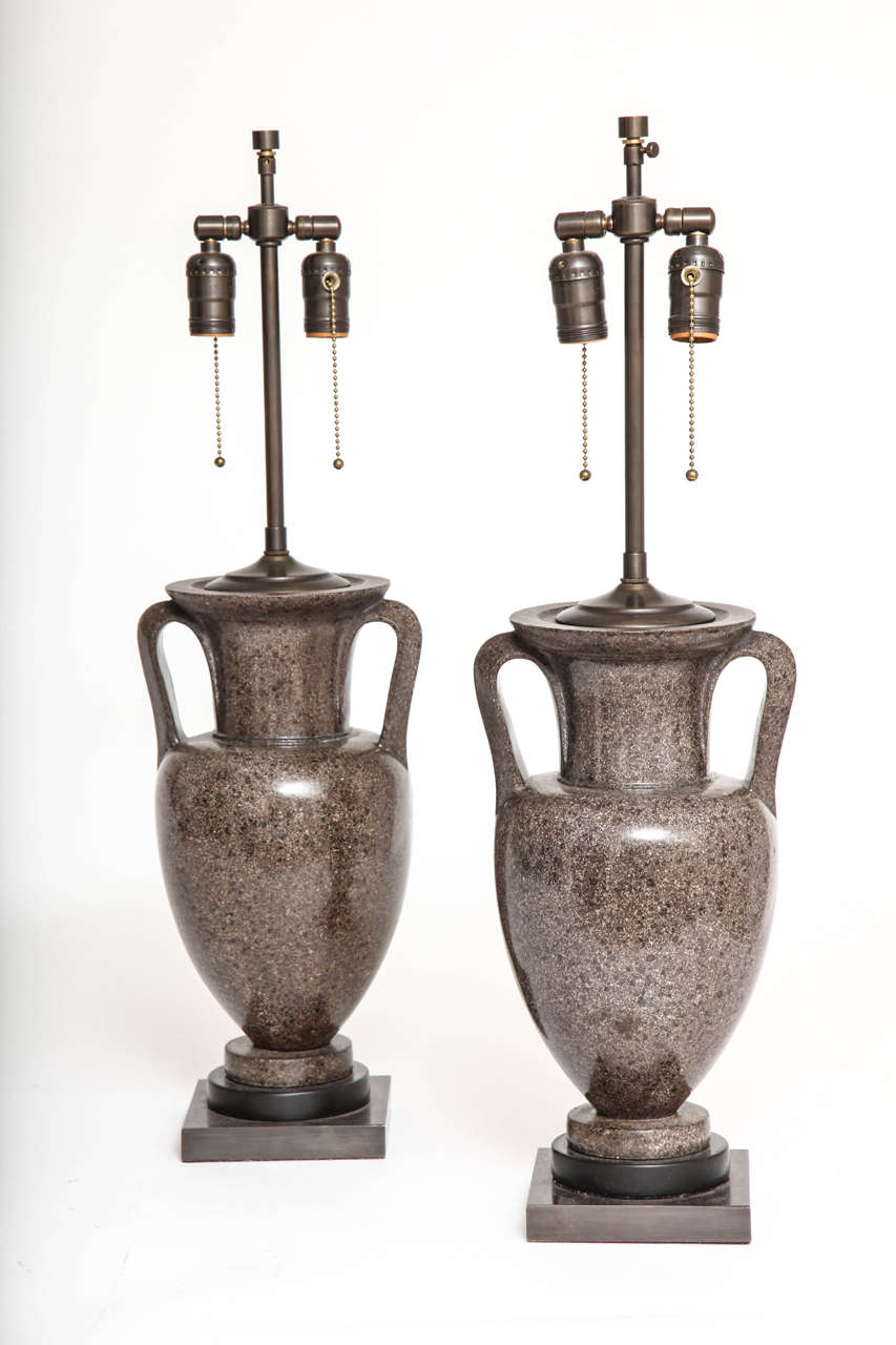 Pair of Italian Grand Tour porphyry urns converted into lamps, early 1800s. These are likely based off of antique models.

The Grand Tour was a traditional trip taken by aristocratic young men as an educational right of passage to Italy. While the