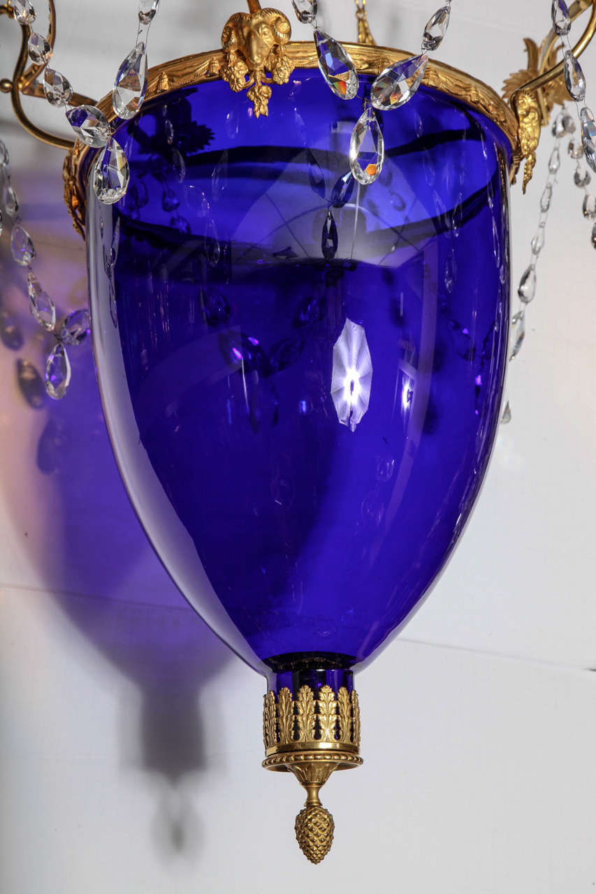 Bronze Russian Neoclassical Cut-Glass, Cobalt Blue Glass Chandelier or Lantern For Sale