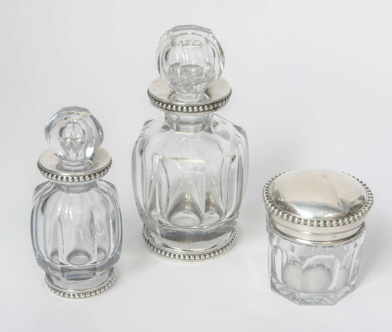 French Antique Crystal and Silver Scent Perfume Bottles Vanity Set