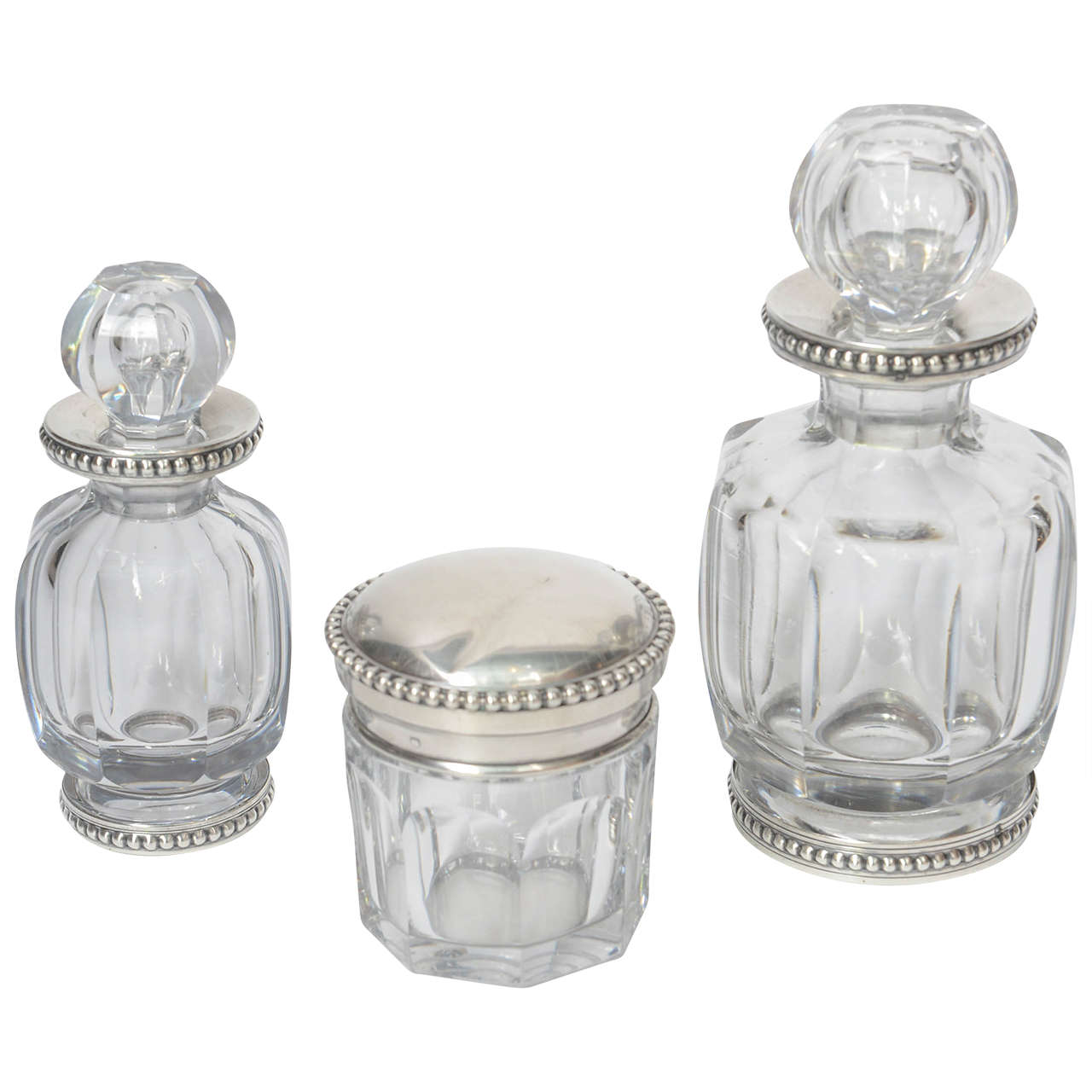 French Antique Crystal And Silver Scent Perfume Bottles Vanity Set