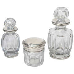 French Vintage Crystal and Silver Scent Perfume Bottles Vanity Set