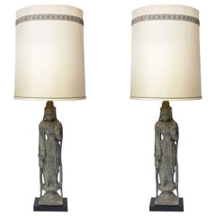 Pair of Vintage Antiqued Kwan Yin Statue Table Lamps