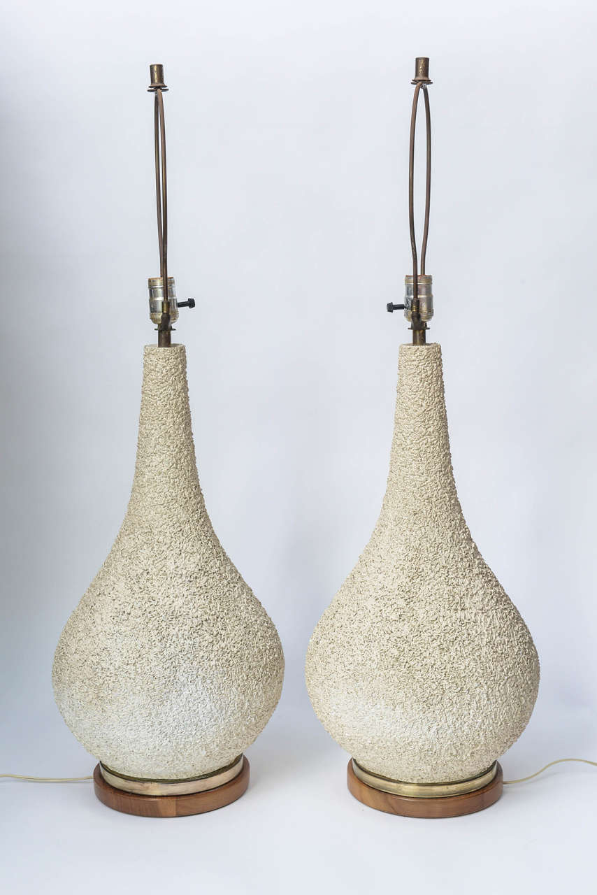 Brass Tall Pair of Mid-Century Modern Danish style Pottery textured Lamps
