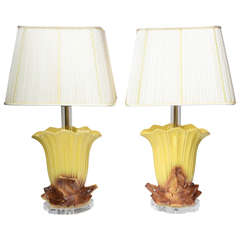 Vintage Pair of 1970s Ceramic and Lucite Table Lamps