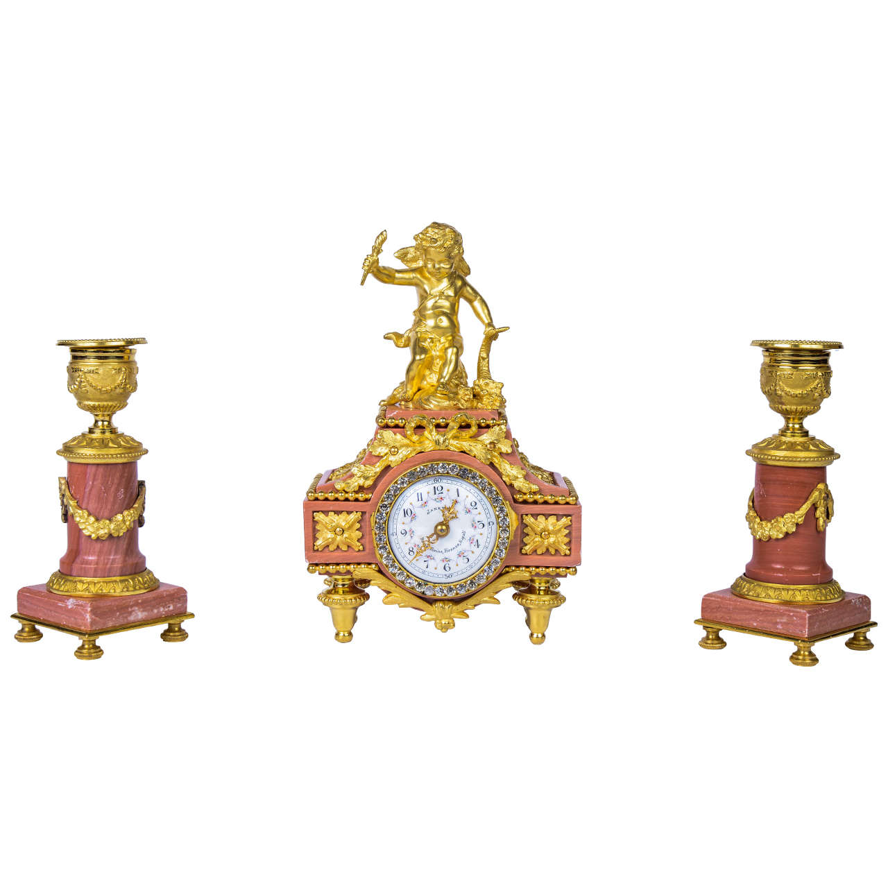 Precious set of 3 pieces clock and candelstick For Sale