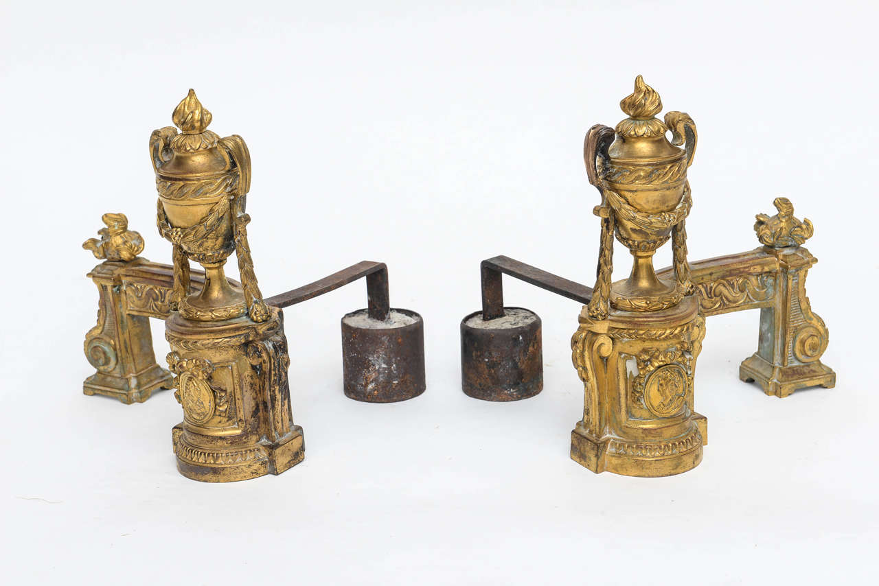 French Louis XV Gilt Bronze Chenets Andirons For Sale