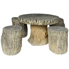 1920s French Set of Fois Bois Concrete Table and Four Stools