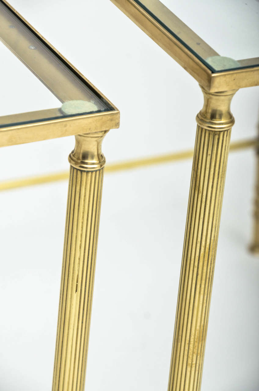 Mid-Century Modern French Brass and Glass Nesting Tables In Excellent Condition In East Hampton, NY