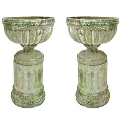 Pair of English 1940s Stone Urns on Columns